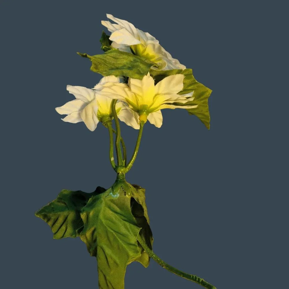 Artificial White Poinsettia Flower Stem Green Leaves Vintage Floral Craft